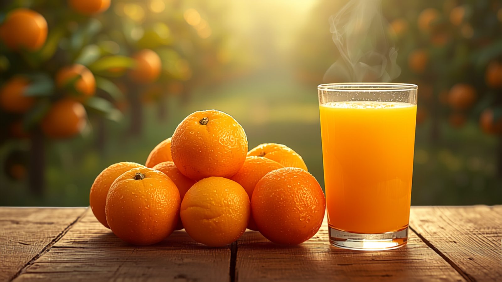 A glass of fresh orange juice with steam rising, next to a pile of dewy fresh oranges on a rustic wooden table, with a sunlit citrus grove blurred in the background