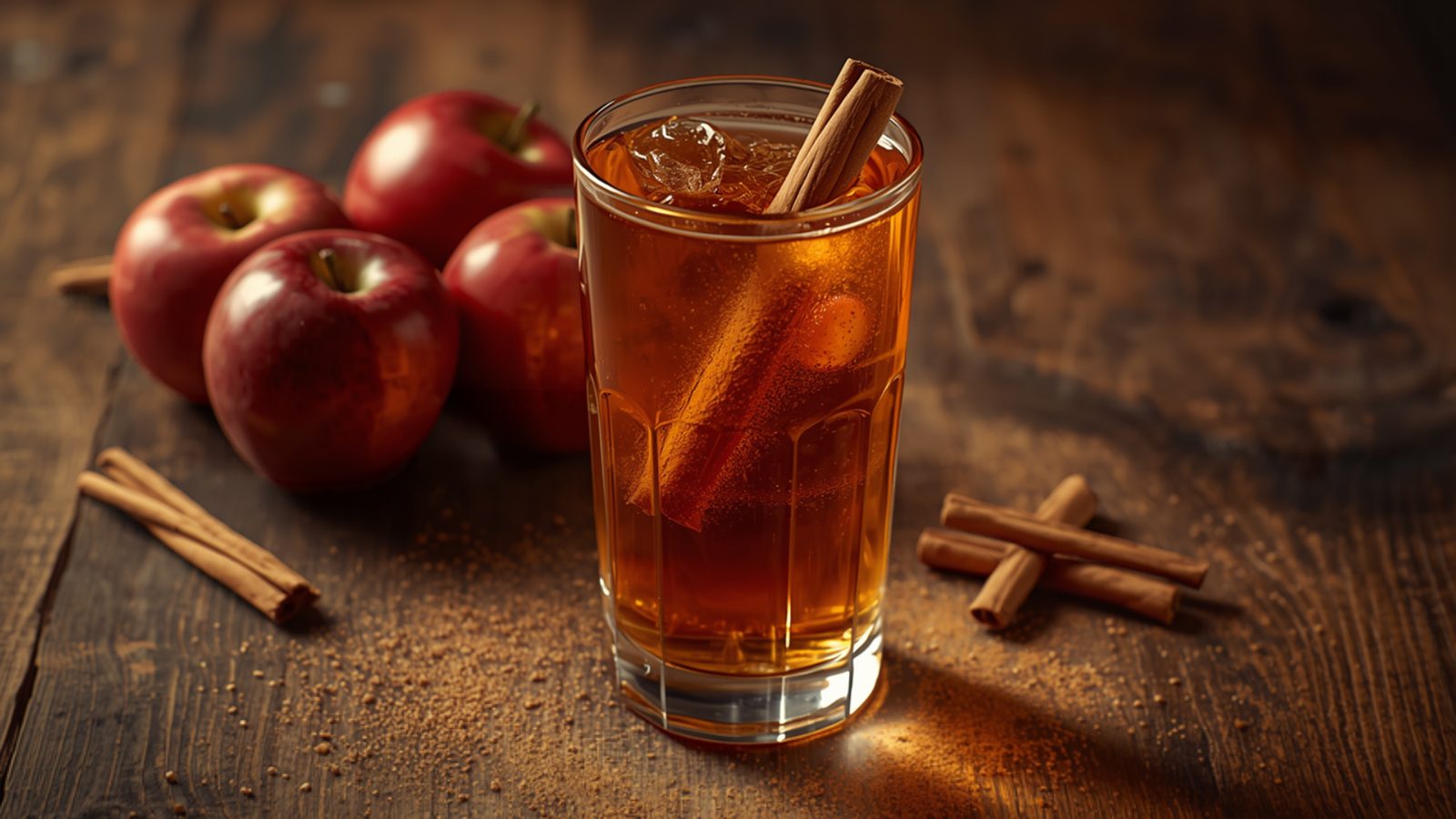 A tall glass of amber apple cider juice with a cinnamon stick garnish and ice, next to whole red apples and loose cinnamon sticks on a rustic wooden table in warm autumn light