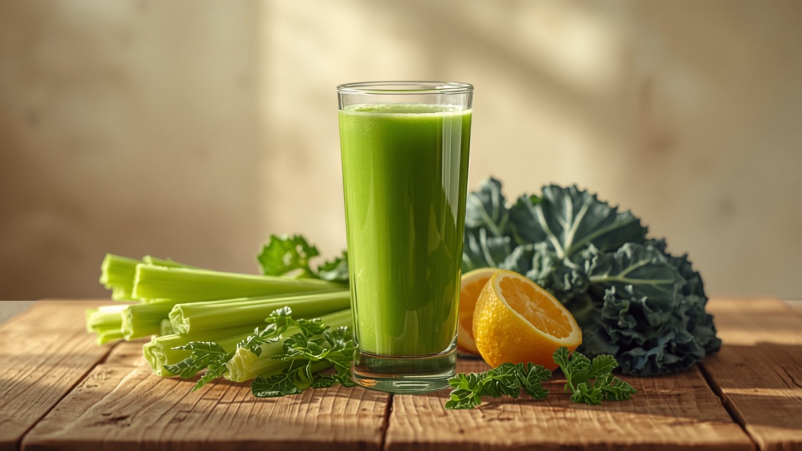 A tall glass of green cold-pressed vegetable juice made from celery, kale, and lemon, surrounded by fresh celery stalks, kale leaves, and a halved lemon on a rustic wooden kitchen counter