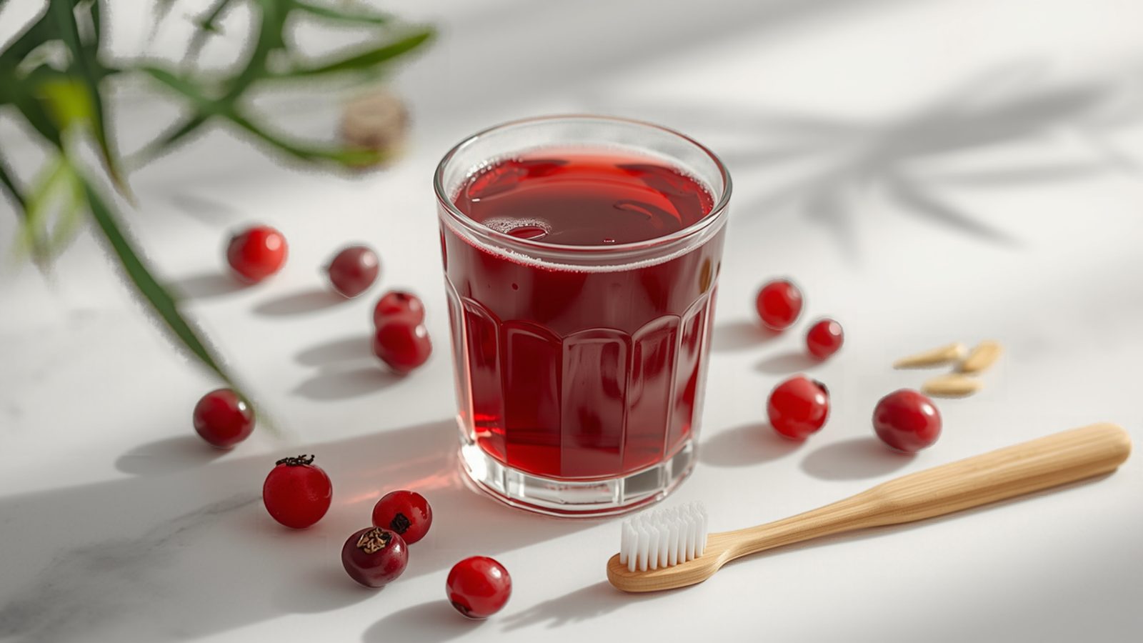 A small glass of deep red cranberry juice on a white marble counter, surrounded by fresh cranberries, with a bamboo toothbrush lying beside it in soft morning light