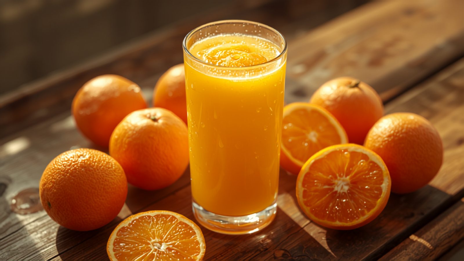 A tall glass of freshly squeezed orange juice surrounded by whole and halved oranges on a rustic wooden kitchen counter in warm morning light