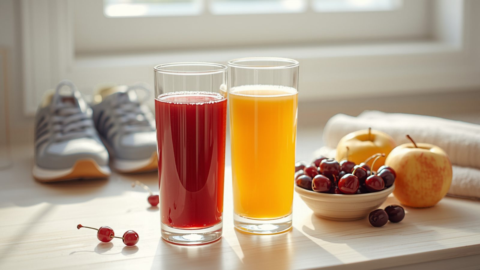 A glass of deep red cherry juice and a glass of golden juice on a sunny kitchen counter beside a bowl of fresh cherries, two apples, a folded towel and a pair of running shoes