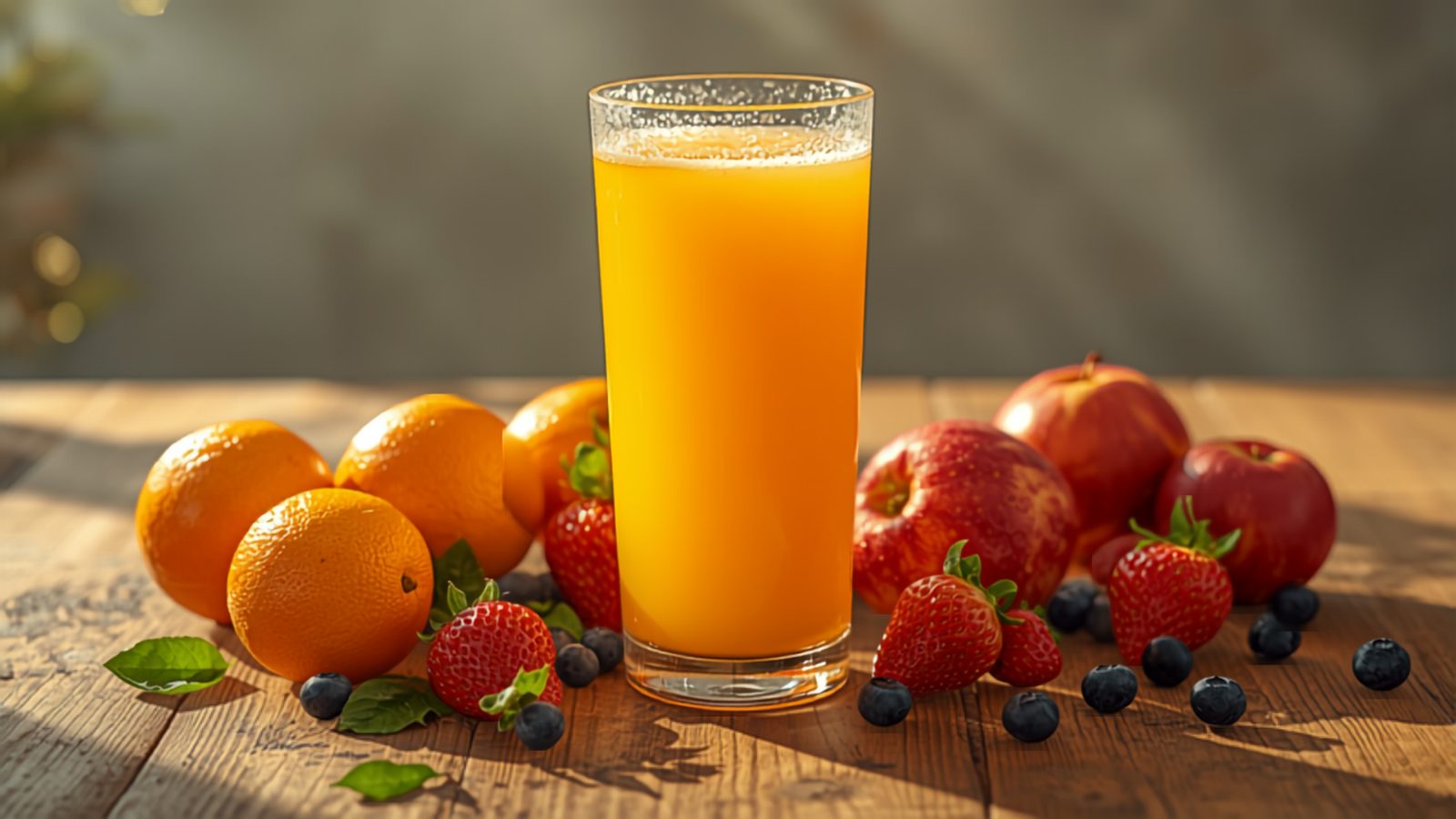 A tall glass of fresh orange-colored fruit juice on a rustic wooden table in warm morning light, surrounded by whole oranges, red apples, strawberries and blueberries