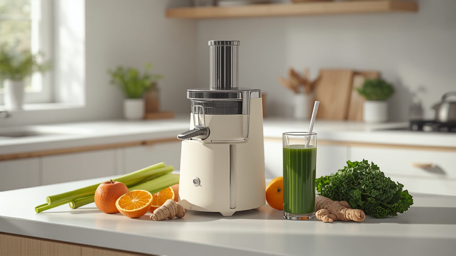 A compact cream-colored cold-press slow juicer on a bright white kitchen counter, surrounded by celery, an apple, oranges, ginger root, and kale, with a tall glass of green juice beside it