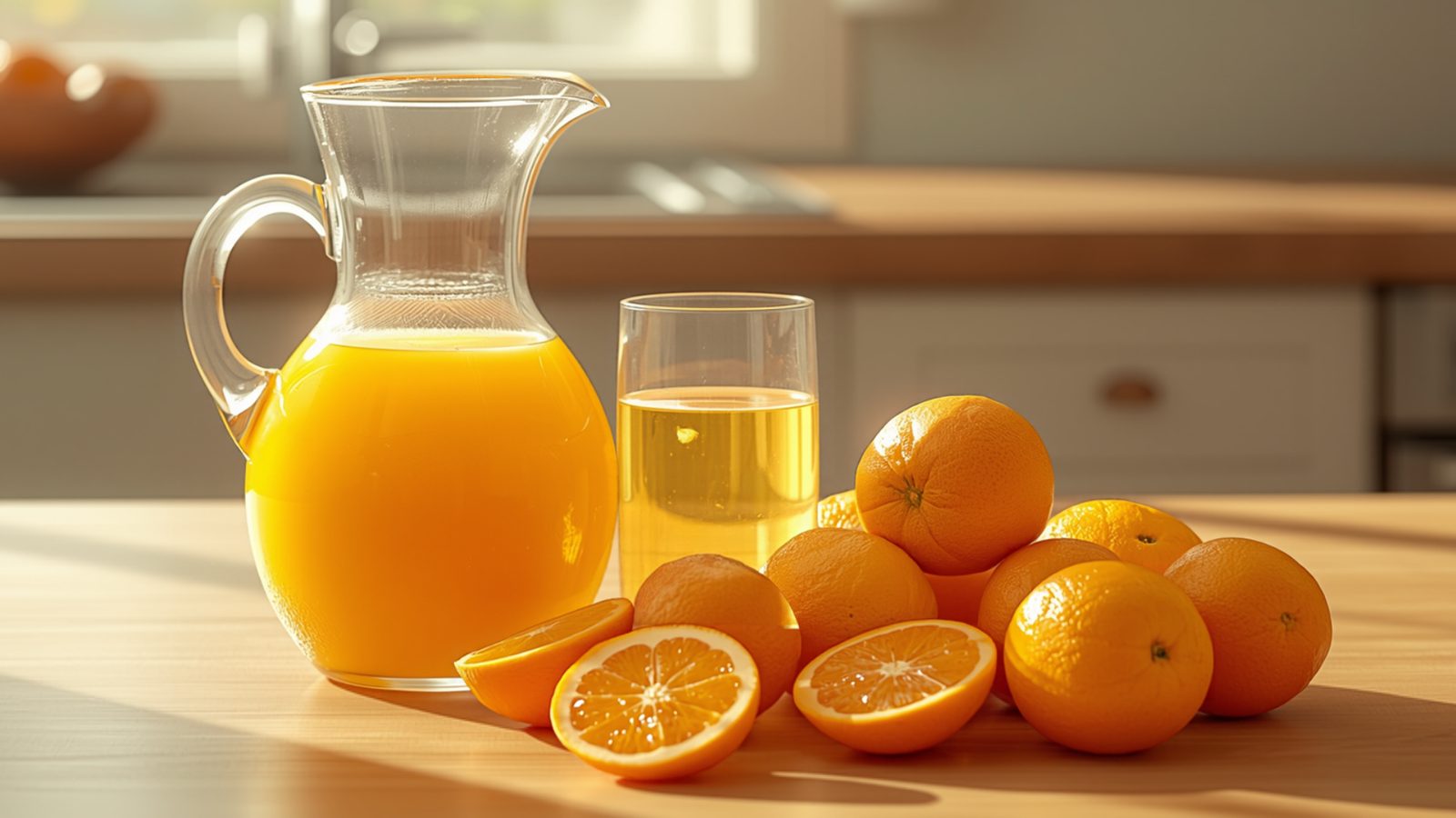 A glass pitcher of fresh orange juice next to a glass and a pile of whole and halved oranges on a wooden kitchen counter in warm morning sunlight