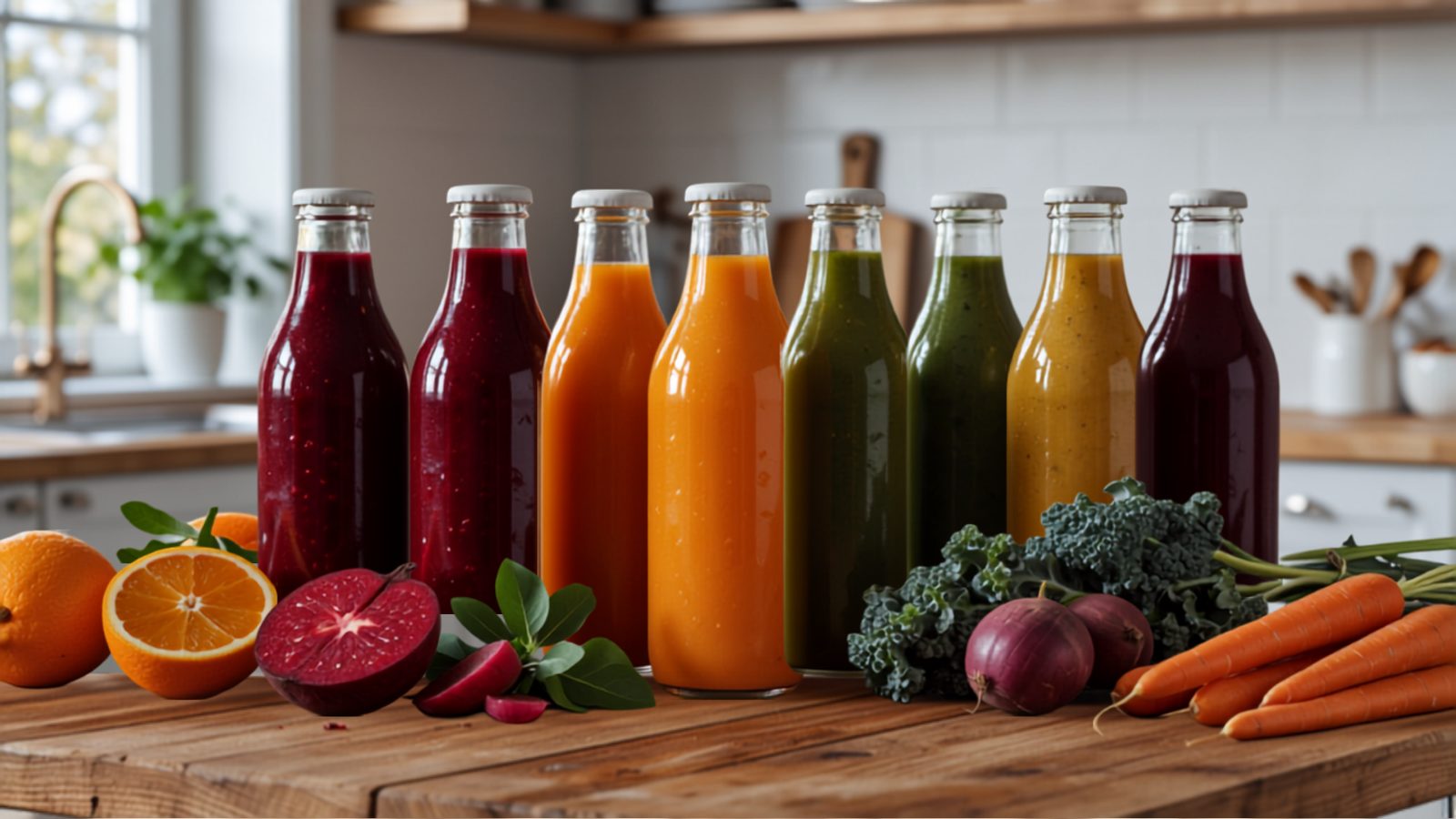 Rows of colorful cold-pressed juice bottles surrounded by fresh oranges, beets, kale, and carrots on a wooden kitchen counter