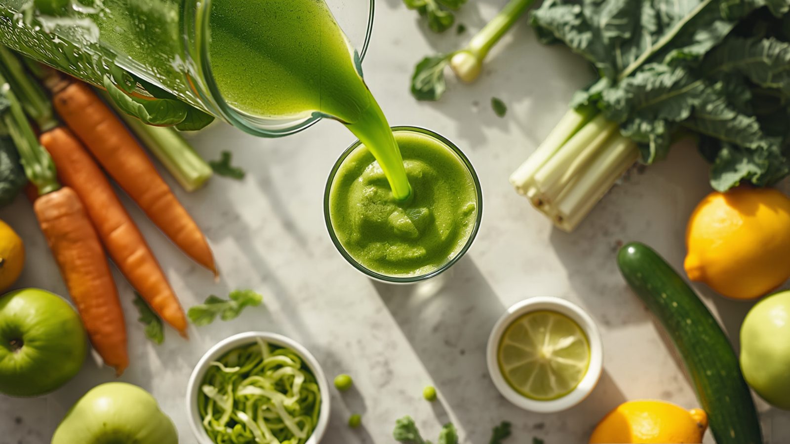 Overhead view of fresh green juice being poured into a glass on a stone counter, surrounded by carrots, celery, kale, green apples, cucumber, lemons and a small bowl of juice pulp